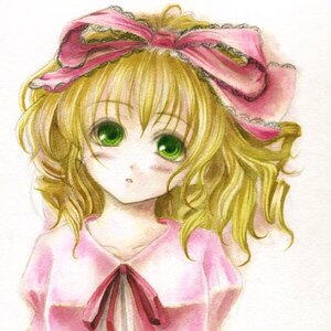 Rating: Safe Score: 0 Tags: 1girl :o blonde_hair blush bow green_eyes hina_ichigo hinaichigo image looking_at_viewer pink_bow ribbon short_hair simple_background solo traditional_media upper_body white_background User: admin