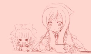 Rating: Safe Score: 0 Tags: 2girls >_< blush chibi closed_eyes cup eating food hat hinaichigo image long_hair monochrome multiple_girls pair short_hair simple_background suiseiseki User: admin