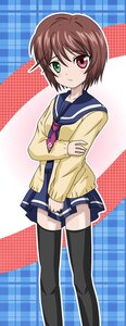 Rating: Safe Score: 0 Tags: 1girl black_legwear blue_skirt blush brown_hair green_eyes heterochromia image looking_at_viewer plaid plaid_background pleated_skirt red_eyes school_uniform serafuku short_hair skirt solo souseiseki thighhighs zettai_ryouiki User: admin