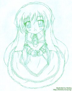 Rating: Safe Score: 0 Tags: 1girl blue_theme braid dress eyebrows_visible_through_hair full_body green_theme image long_sleeves looking_at_viewer monochrome solo suiseiseki User: admin