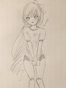 Rating: Safe Score: 0 Tags: 1girl bangs blush bow covering covering_crotch eyebrows_visible_through_hair greyscale gym_uniform hair_between_eyes hair_bow image long_hair looking_at_viewer monochrome shirt shirt_tug short_sleeves sketch solo standing suiseiseki traditional_media very_long_hair User: admin
