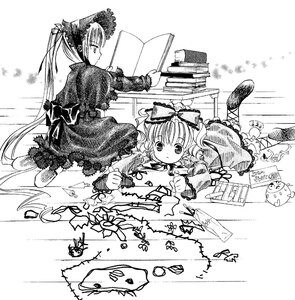Rating: Safe Score: 0 Tags: 2girls book bow dress drill_hair frills greyscale hairband hinaichigo image long_hair long_sleeves monochrome multiple_girls open_book pair ribbon shinku twintails User: admin