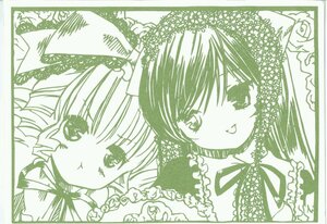Rating: Safe Score: 0 Tags: 2girls :< animal_ears blush border cat_ears green_theme hinaichigo image long_hair looking_at_viewer monochrome multiple_girls pair ribbon shikishi smile suiseiseki traditional_media User: admin