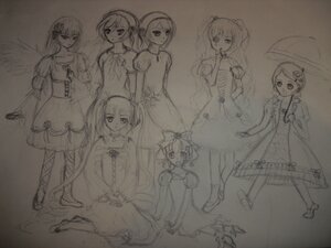 Rating: Safe Score: 0 Tags: 6+girls bow dress hair_bow hair_ornament image long_hair monochrome multiple multiple_girls short_hair sitting sketch smile tagme twintails umbrella User: admin