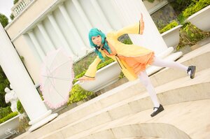 Rating: Safe Score: 0 Tags: 1girl aqua_hair blue_hair closed_eyes dress holding_umbrella kanaria outdoors parasol solo umbrella white_legwear yellow_dress User: admin