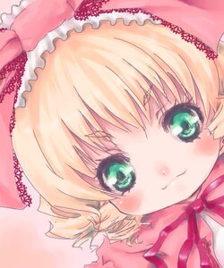 Rating: Safe Score: 0 Tags: 1girl :3 blonde_hair blush bow close-up closed_mouth drill_hair frills green_eyes hairband hina_ichigo hinaichigo image looking_at_viewer ribbon simple_background smile solo User: admin