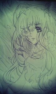 Rating: Safe Score: 0 Tags: 1girl bangs dress eyebrows_visible_through_hair hair_ornament image kirakishou long_hair looking_at_viewer monochrome sketch solo traditional_media User: admin