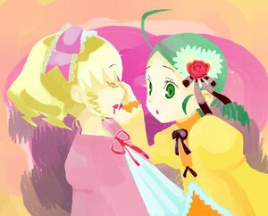 Rating: Safe Score: 0 Tags: 2girls ahoge blonde_hair bow dress drill_hair flower green_eyes green_hair hair_ornament hinaichigo image kanaria long_sleeves multiple_girls pair ribbon rose upper_body wings yellow_dress User: admin