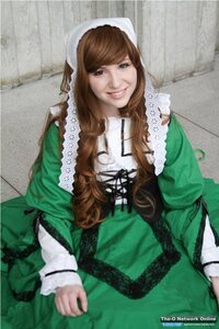 Rating: Safe Score: 0 Tags: 1girl apron brown_hair dress green_dress green_eyes long_hair long_sleeves looking_at_viewer photo smile solo suiseiseki watermark User: admin