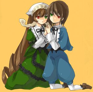 Rating: Safe Score: 0 Tags: 2girls blue_dress brown_hair collar dress frilled_shirt_collar frills full_body green_dress green_eyes hat head_scarf heterochromia holding_hands image interlocked_fingers long_hair long_sleeves looking_at_viewer lowe_(slow) multiple_girls pair pantyhose photoshop_(medium) red_eyes rozen_maiden shoes short_hair siblings simple_background sisters souseiseki suiseiseki twins very_long_hair white_legwear yellow_background User: admin