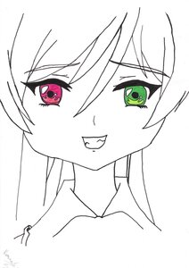 Rating: Safe Score: 0 Tags: 1girl blush collarbone eyebrows_visible_through_hair fang green_eyes greyscale hair_between_eyes image looking_at_viewer mole mole_under_eye monochrome signature simple_background smile solo suiseiseki white_background User: admin