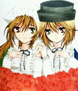 Rating: Safe Score: 0 Tags: 2girls blonde_hair bouquet flower frills green_eyes hat holding_hands image interlocked_fingers long_sleeves looking_at_viewer multiple_girls pair pink_flower pink_rose purple_rose red_flower red_rose ribbon rose rose_petals short_hair siblings sisters smile souseiseki suiseiseki twins white_rose yellow_rose User: admin