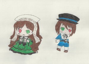 Rating: Safe Score: 0 Tags: 1girl blush_stickers brown_hair chibi dress green_dress green_eyes hat heterochromia image long_hair long_sleeves pair pants red_eyes short_hair siblings sisters smile souseiseki standing suiseiseki top_hat traditional_media twins User: admin