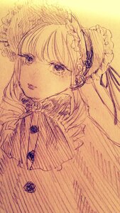 Rating: Safe Score: 0 Tags: 1girl auto_tagged bangs bonnet eyebrows_visible_through_hair frilled_hairband frills gem hairband image jewelry long_hair looking_at_viewer monochrome parted_lips portrait ribbon shinku simple_background solo traditional_media User: admin
