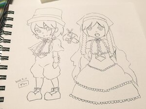Rating: Safe Score: 0 Tags: 2girls auto_tagged capelet dress eyebrows_visible_through_hair frills full_body hat hood image long_hair monochrome multiple_girls open_mouth pair short_hair shorts smile souseiseki standing suiseiseki traditional_media User: admin