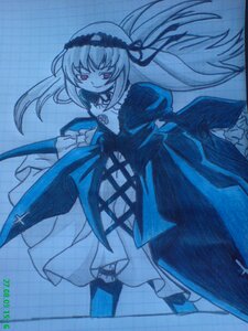 Rating: Safe Score: 0 Tags: 1girl black_wings detached_collar dress floating_hair flower frilled_sleeves frills hairband image long_hair long_sleeves looking_at_viewer red_eyes ribbon rose solo suigintou traditional_media wings User: admin