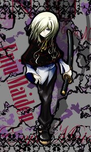 Rating: Safe Score: 0 Tags: 1boy blonde_hair blue_eyes enju_maiden hair_over_one_eye katana keikoutou long_hair looking_at_viewer pants sheath solo sword weapon User: admin