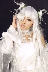 Rating: Safe Score: 0 Tags: 1girl bangs black_background brown_eyes dress flower hair_ornament kirakishou lips long_hair looking_at_viewer realistic solo upper_body white_hair User: admin