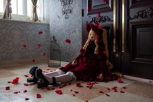 Rating: Safe Score: 0 Tags: 1girl blonde_hair blood curtains dress flower hat indoors long_hair petals red_dress rose_petals shinku sitting solo window User: admin