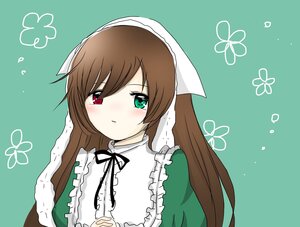 Rating: Safe Score: 0 Tags: 1girl bangs black_ribbon blush brown_hair dress frills green_background green_dress green_eyes head_scarf heterochromia image long_hair long_sleeves looking_at_viewer red_eyes ribbon simple_background solo suiseiseki very_long_hair User: admin