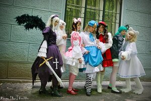 Rating: Safe Score: 0 Tags: 6+girls black_hair blonde_hair boots bow brown_hair coat dress hat long_hair multiple_cosplay multiple_girls nurse_cap pantyhose pink_hair standing striped striped_legwear tagme thighhighs User: admin