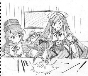 Rating: Safe Score: 0 Tags: 2girls 3girls auto_tagged dress greyscale hat image long_hair long_sleeves monochrome multiple multiple_girls open_mouth ribbon tagme traditional_media User: admin