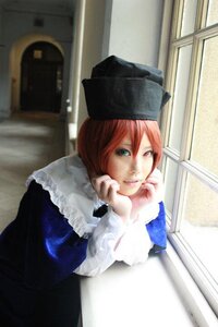 Rating: Safe Score: 0 Tags: 1girl dress frills green_eyes hat heterochromia indoors long_sleeves looking_at_viewer red_eyes red_hair smile solo souseiseki window User: admin