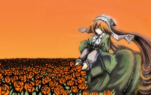 Rating: Safe Score: 0 Tags: 1girl brown_hair dress flower frills green_dress green_eyes image long_hair long_sleeves orange_background ribbon rose solo suiseiseki twintails very_long_hair User: admin