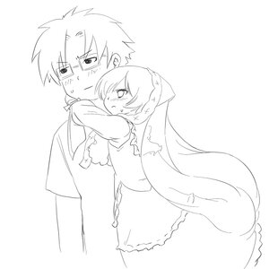 Rating: Safe Score: 0 Tags: 1boy 1girl apron blush braid eyebrows_visible_through_hair glasses greyscale hug image long_hair long_sleeves monochrome solo striped suiseiseki sweat vertical_stripes very_long_hair white_background User: admin
