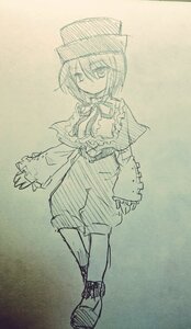 Rating: Safe Score: 0 Tags: 1girl bangs bow capelet closed_mouth eyebrows_visible_through_hair full_body hair_between_eyes hat image long_sleeves looking_at_viewer monochrome shoes short_hair shorts solo souseiseki standing traditional_media User: admin