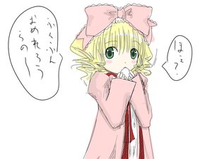 Rating: Safe Score: 0 Tags: 1girl bangs blonde_hair blush bow covering_mouth dress eyebrows_visible_through_hair green_eyes hair_bow hand_to_own_mouth hina_ichigo hinaichigo image long_sleeves looking_at_viewer pink_bow pink_dress simple_background solo speech_bubble standing striped white_background User: admin