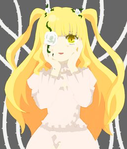 Rating: Safe Score: 0 Tags: 1girl bangs blonde_hair blush dress eyepatch flower frills grey_background hands_on_own_face image kirakishou long_hair rose solo thorns twintails very_long_hair yellow_eyes User: admin