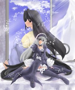 Rating: Safe Score: 0 Tags: 2girls back-to-back black_hair blush boots dress hairband image kakizaki_megu long_hair long_sleeves multiple_girls silver_hair sitting smile solo suigintou thighhighs wings User: admin