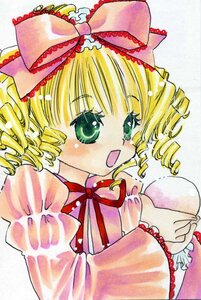 Rating: Safe Score: 0 Tags: 1girl :o blonde_hair bow dress drill_hair eyebrows_visible_through_hair frills green_eyes hina_ichigo hinaichigo image long_sleeves looking_at_viewer marker_(medium) open_mouth pink_bow simple_background solo traditional_media upper_body User: admin