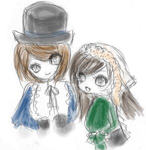 Rating: Safe Score: 0 Tags: 2girls auto_tagged brown_hair dress green_dress hat image long_hair long_sleeves multiple_girls pair short_hair simple_background sisters smile souseiseki suiseiseki top_hat twins white_background User: admin