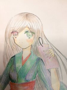 Rating: Safe Score: 0 Tags: 1girl closed_mouth eyebrows_visible_through_hair green_kimono holding image japanese_clothes kimono long_hair looking_at_viewer marker_(medium) obi sash smile solo suiseiseki traditional_media upper_body watercolor_(medium) watercolor_pencil_(medium) User: admin