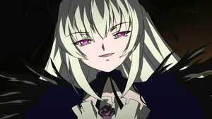 Rating: Safe Score: 0 Tags: 1girl black_wings dress flower half-closed_eyes image long_hair long_sleeves looking_at_viewer purple_eyes rose simple_background smile solo suigintou wings User: admin