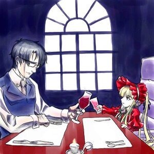 Rating: Safe Score: 0 Tags: 1boy 1girl black_hair blonde_hair bonnet cup dress drinking_glass glasses image long_hair long_sleeves red_dress saucer shinku sitting solo table tea teacup window wine_glass User: admin