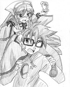 Rating: Safe Score: 0 Tags: 1boy 1girl blush glasses greyscale image long_hair long_sleeves microphone monochrome open_mouth ribbon sketch solo suiseiseki sweatdrop traditional_media User: admin