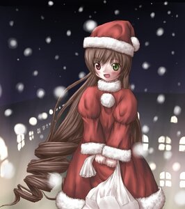 Rating: Safe Score: 0 Tags: 1girl blush brown_hair christmas dress drill_hair green_eyes hat heterochromia image long_hair long_sleeves pantyhose red_eyes santa_costume snow snowing solo standing suiseiseki twin_drills very_long_hair User: admin