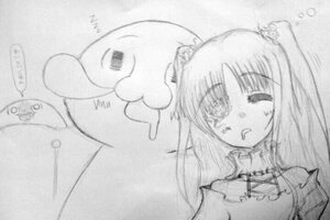 Rating: Safe Score: 0 Tags: 1girl choker dress greyscale image kirakishou long_hair monochrome open_mouth simple_background solo traditional_media two_side_up User: admin