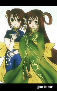 Rating: Safe Score: 0 Tags: 2girls :d brown_hair chinese_clothes double_bun dress green_eyes heterochromia image letterboxed long_hair looking_at_viewer m1umr multiple_girls open_mouth pair red_eyes souseiseki suiseiseki twins User: admin
