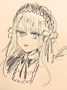 Rating: Safe Score: 0 Tags: 1girl bangs eyebrows_visible_through_hair hair_between_eyes hair_ornament image long_hair looking_at_viewer monochrome ribbon simple_background smile solo suigintou traditional_media upper_body virtual_youtuber User: admin