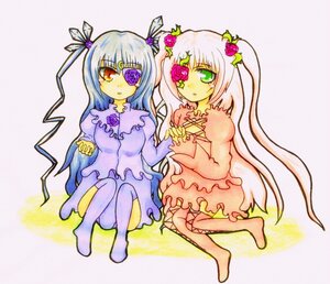 Rating: Safe Score: 0 Tags: 2girls barasuishou dress eyepatch flower green_eyes holding_hands image kirakishou long_hair multiple_girls pair red_eyes rose traditional_media very_long_hair User: admin