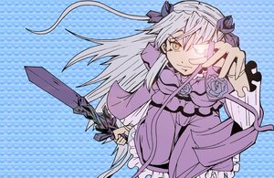 Rating: Safe Score: 0 Tags: 1girl barasuishou blue_background blue_rose dress flower frills halftone_background image long_hair long_sleeves polka_dot ribbon rose silver_hair solo two_side_up weapon yellow_eyes User: admin