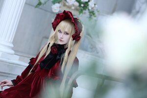 Rating: Safe Score: 0 Tags: 1girl blonde_hair blue_eyes blurry blurry_background bonnet curtains depth_of_field dress flower lips long_hair long_sleeves looking_at_viewer red_dress rose shinku solo User: admin
