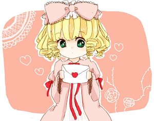 Rating: Safe Score: 0 Tags: 1girl blonde_hair bow dress drill_hair frills green_eyes hair_bow heart hina_ichigo hinaichigo image letter long_sleeves looking_at_viewer pink_bow pink_dress short_hair solo upper_body User: admin