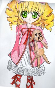 Rating: Safe Score: 0 Tags: 1girl blonde_hair blush dress drill_hair frills green_eyes hina_ichigo hinaichigo image long_sleeves looking_at_viewer pink_dress red_ribbon ribbon smile solo standing traditional_media User: admin