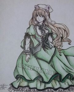 Rating: Safe Score: 0 Tags: 1girl breasts dress earrings frills hat image long_hair long_sleeves monochrome solo suiseiseki traditional_media User: admin