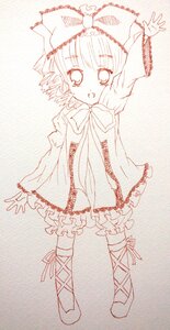 Rating: Safe Score: 0 Tags: 1girl arm_up bow cross-laced_footwear dress full_body hair_bow hinaichigo image long_sleeves monochrome open_mouth ribbon short_hair smile solo standing User: admin